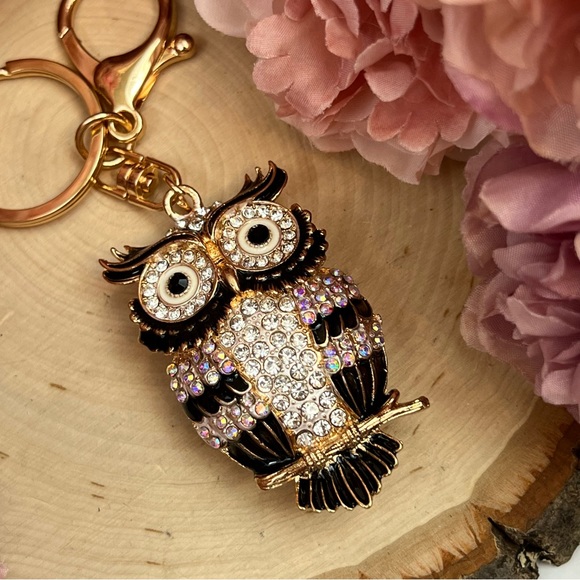 Beautiful Black and Silver Crystal Owl Keychain Charm - Picture 9 of 14